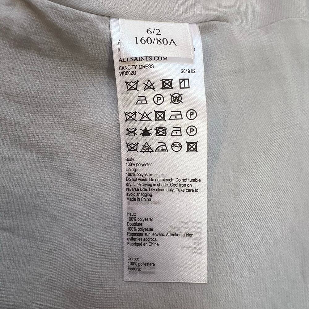 AllSaints Cancity Ruched Wrap Dress Size 2 Light Gray Sleeveless Draped Cocktail - Picture 3 of 4
